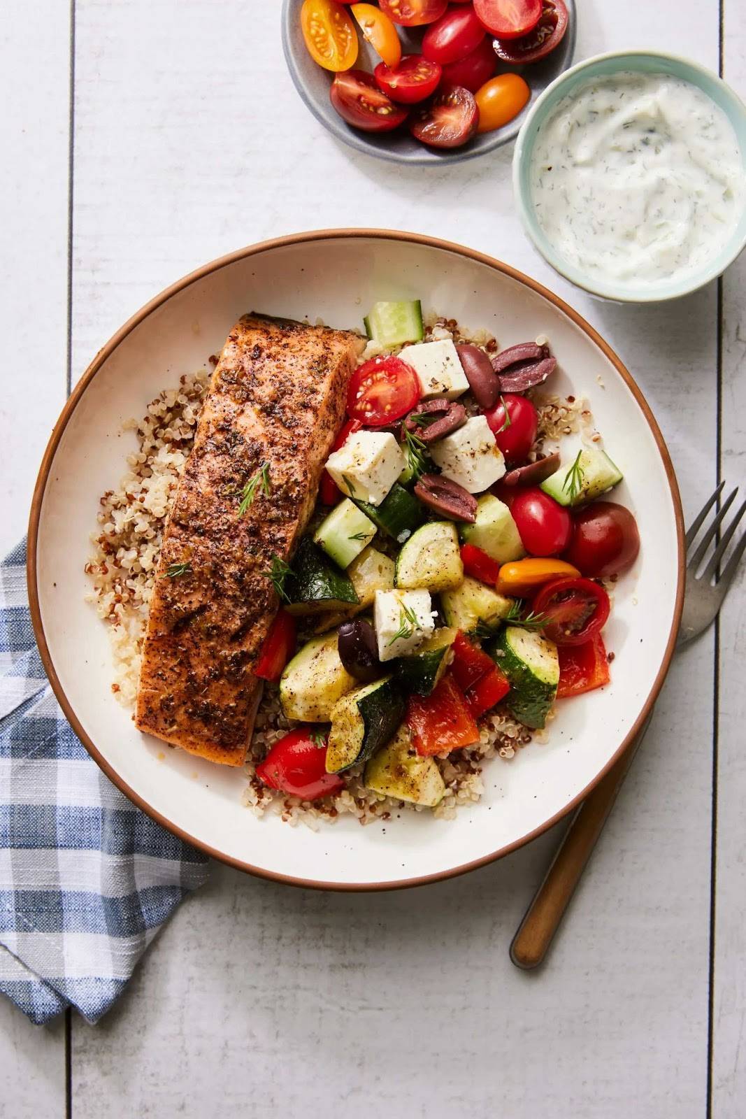 Baked Salmon Mediterranean Bowl with Quinoa and Tzatziki