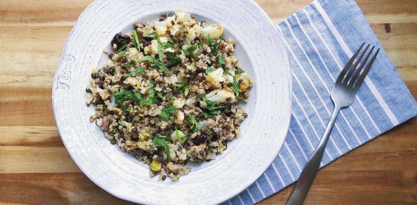 Freekeh & Black Lentil Salad with Roasted Cauliflower and Dried