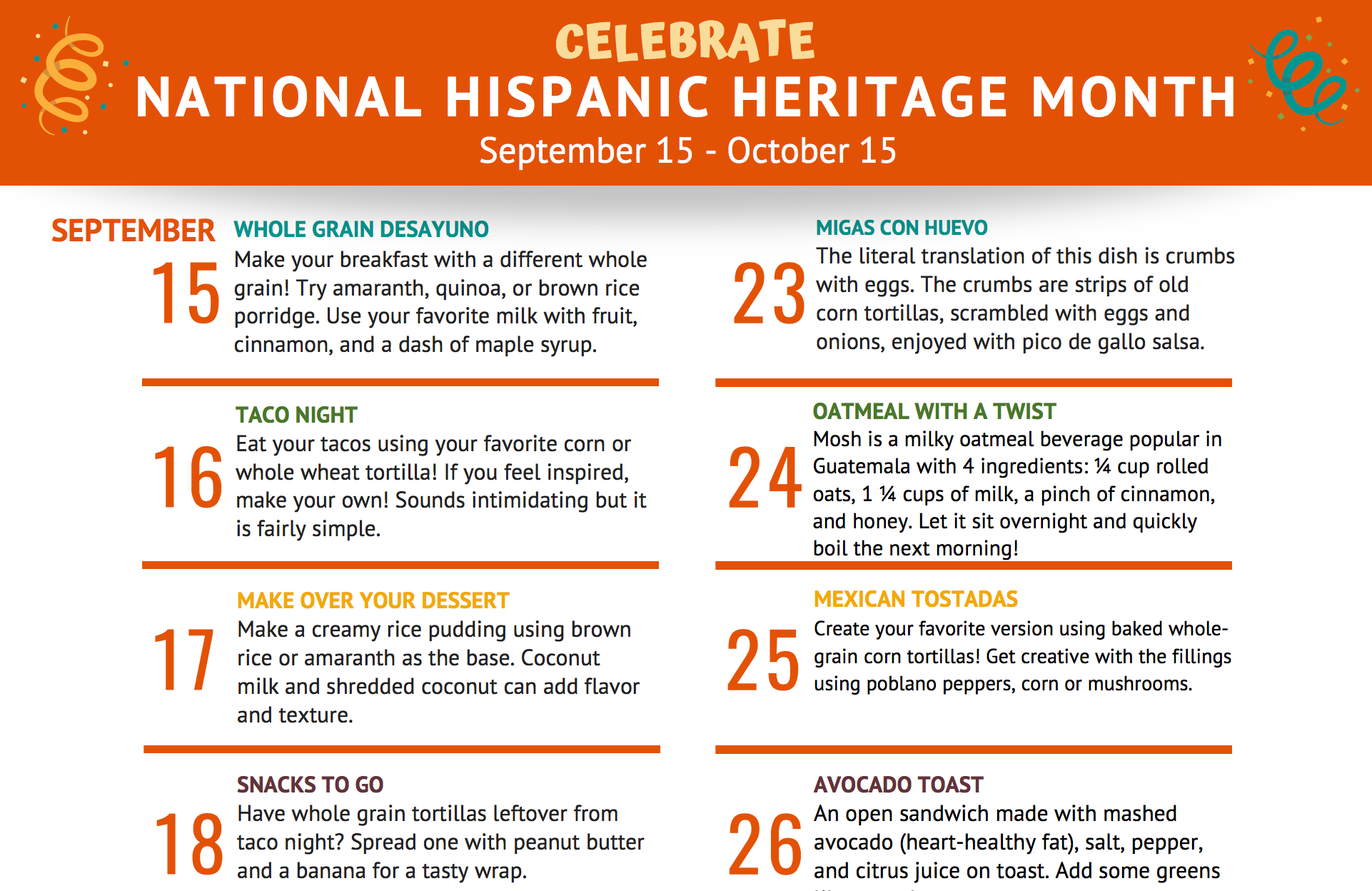 National HIspanic Heritage Month Calendar