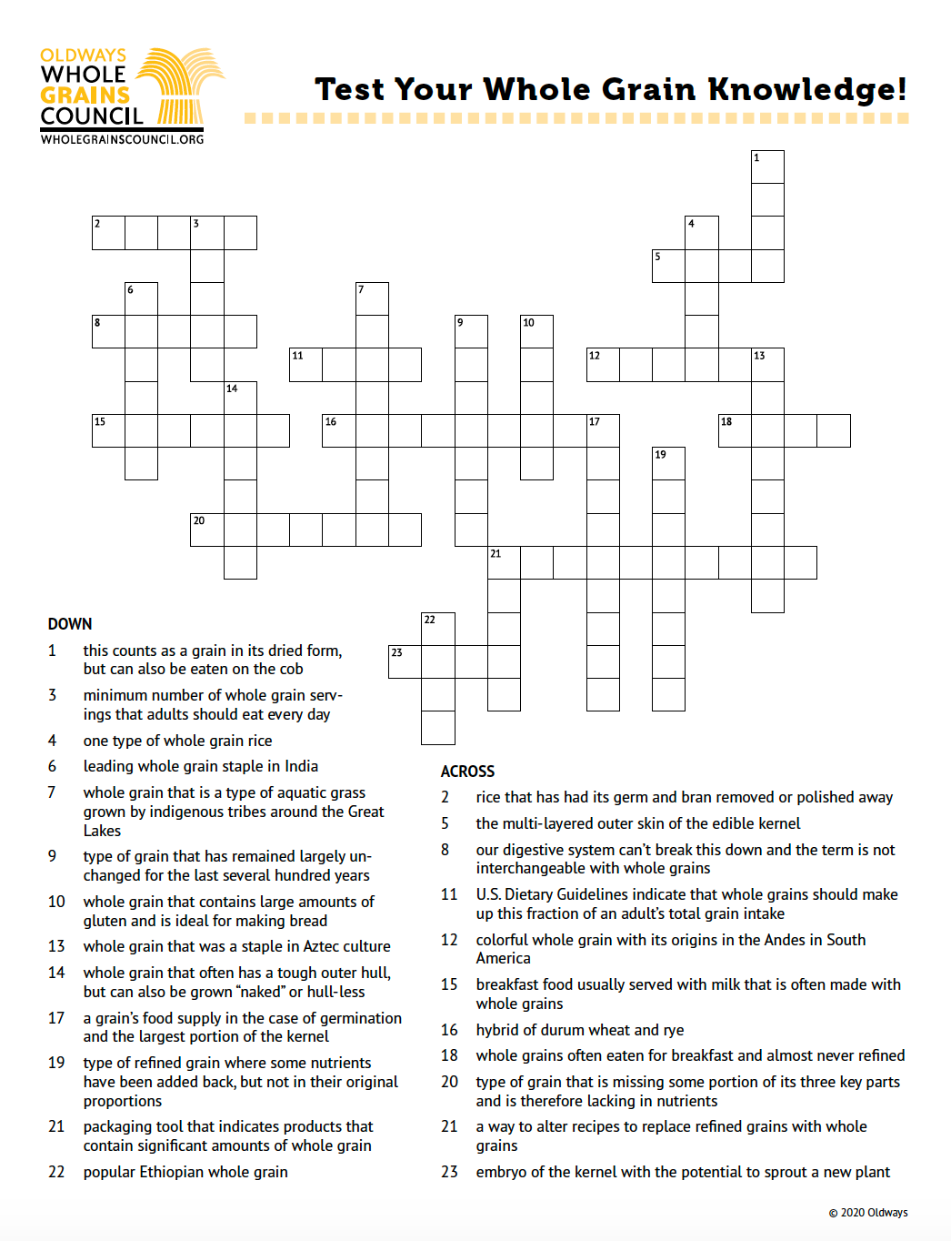 Whole Grains Crossword Puzzle