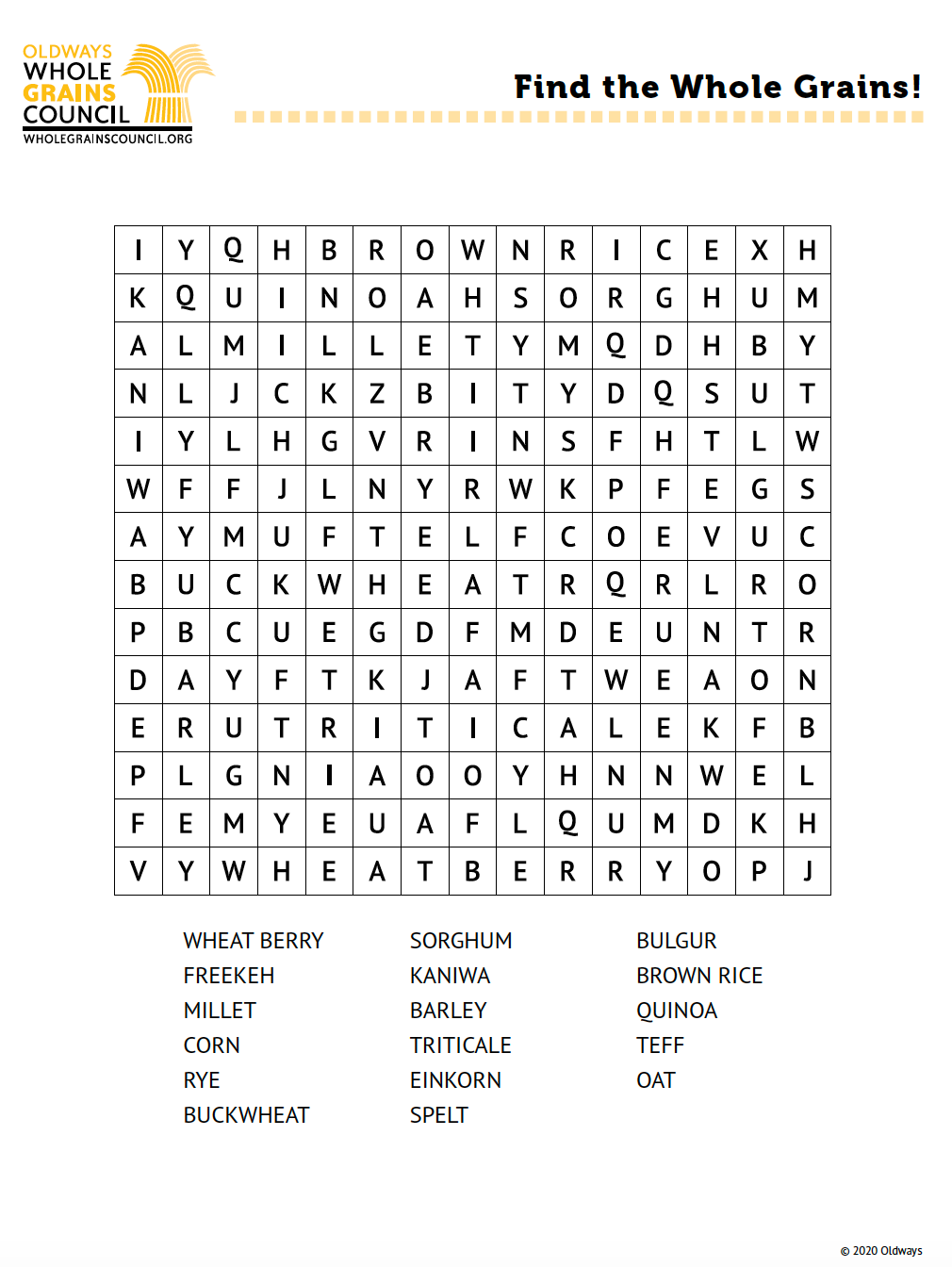 Whole Grain Word Search