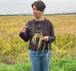 A woman stands in a field, gently holding a green plant, surrounded by tall grass and a clear blue sky.