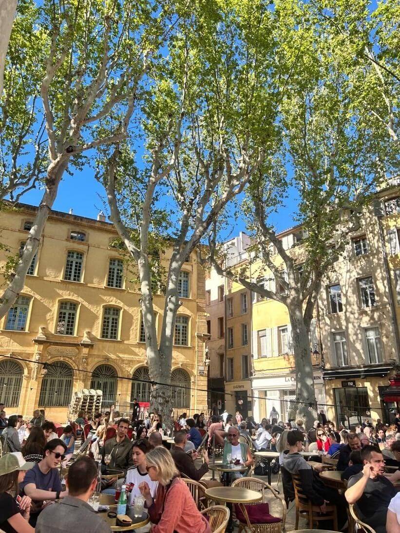 A vibrant outdoor café scene, bustling with patrons under tall trees and a clear blue sky, surrounded by historic buildings.