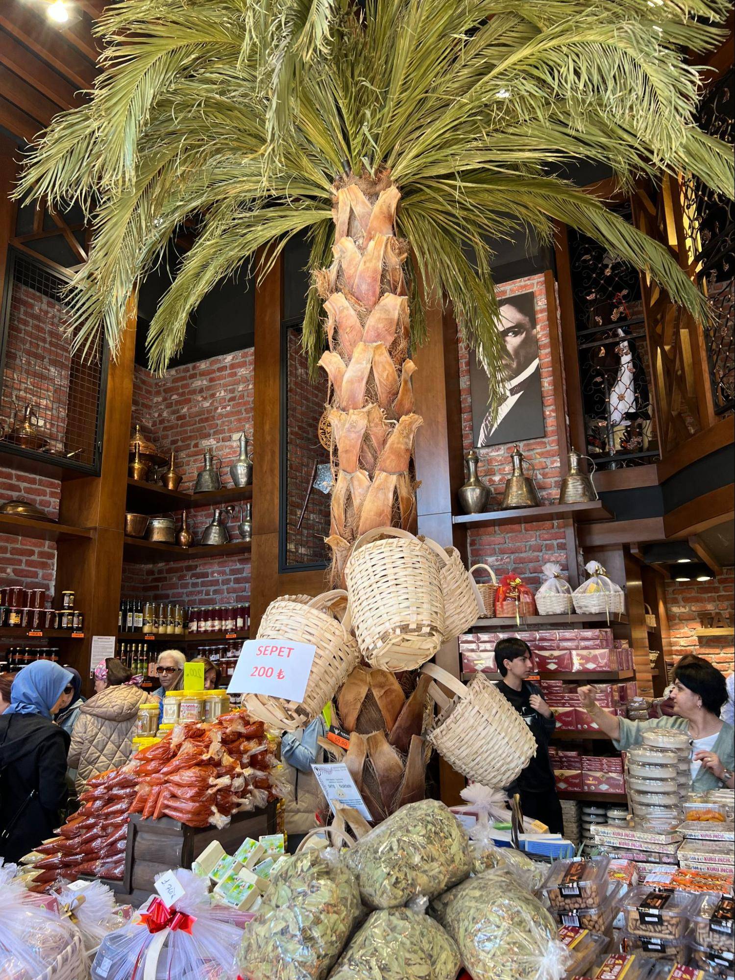A vibrant market scene featuring a tall decorative palm tree, shelves of jars, spices, and woven baskets filled with goods.