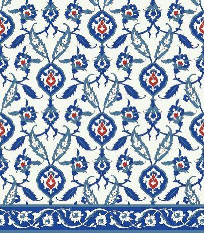 Ornate blue and red floral pattern on a light background, featuring intricate leaves and delicate motifs, creating an elegant design.