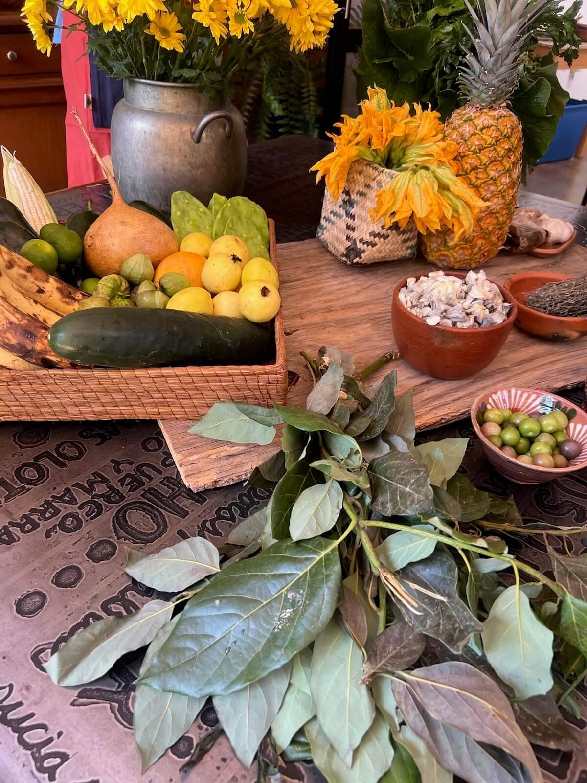 A table displaying a variety of colorful fruits and vegetables