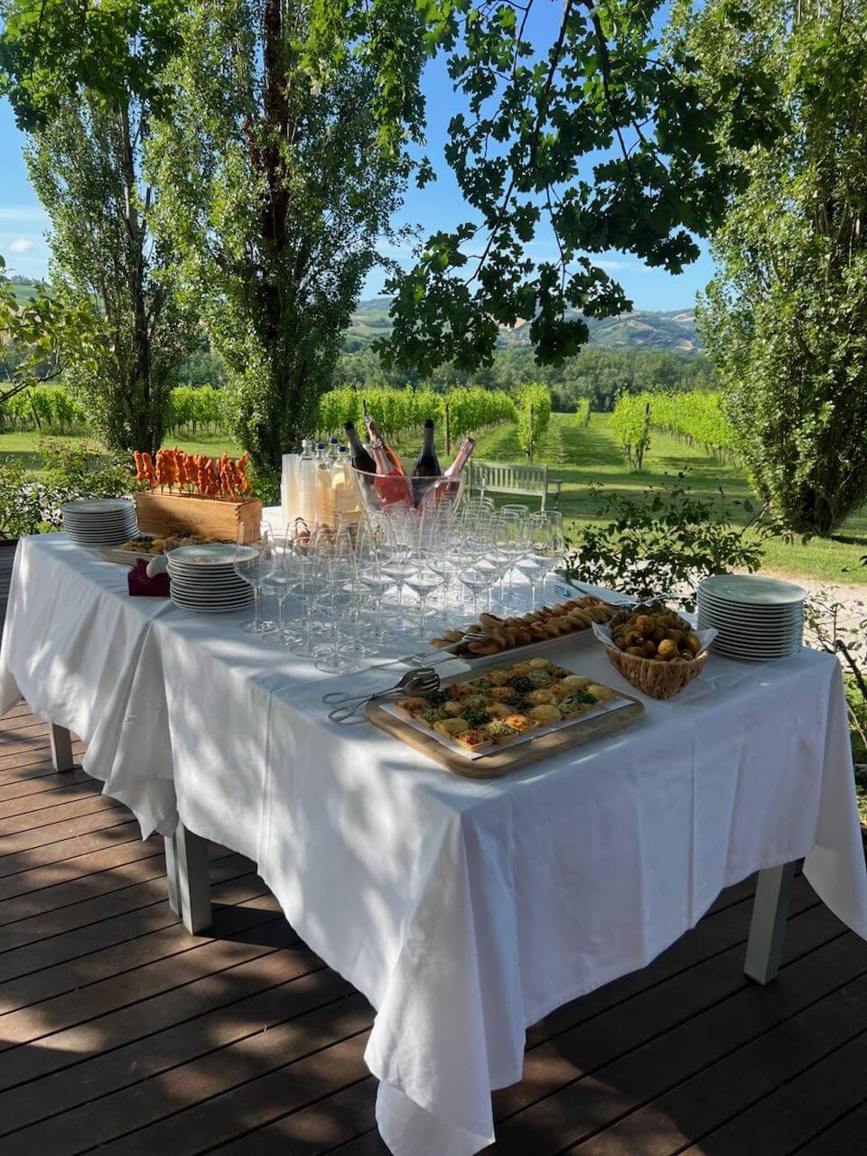 A table set with various foods and drinks