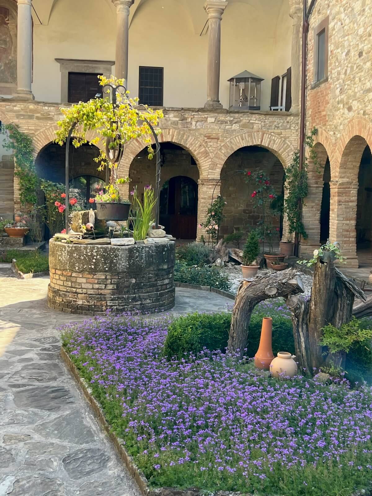 A vibrant courtyard filled with various colorful flowers