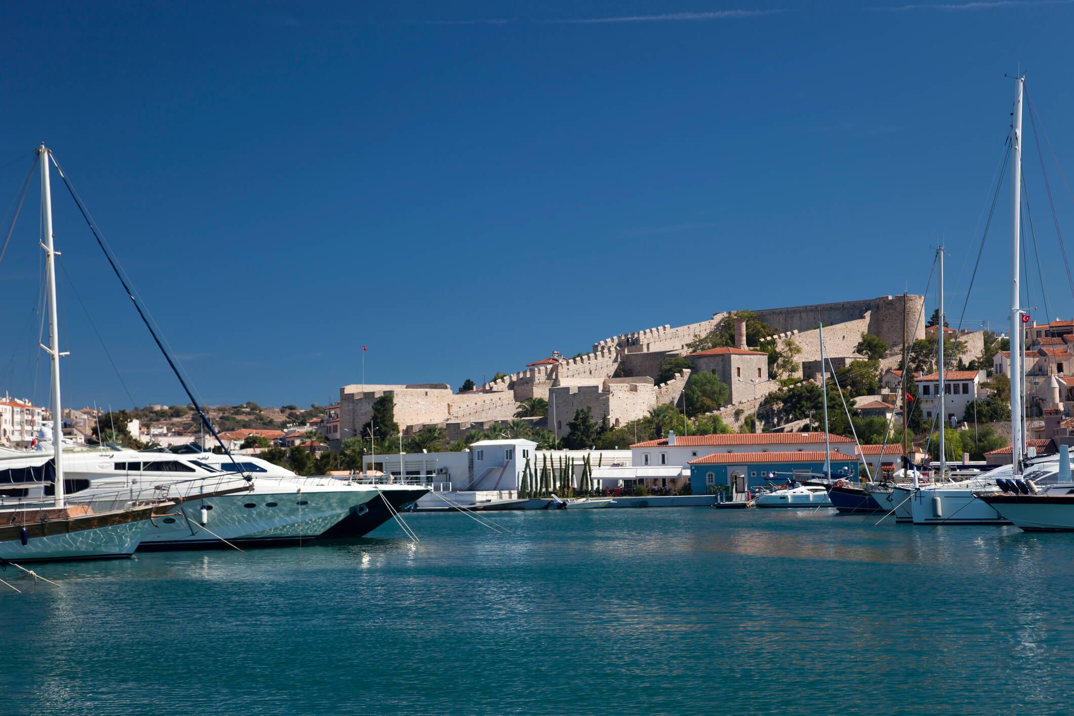 A clear blue sky with no clouds, creating a serene and open atmosphere.