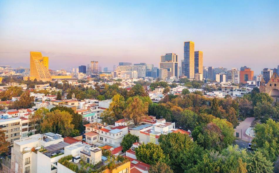 Aerial view of a vibrant cityscape with modern skyscrapers