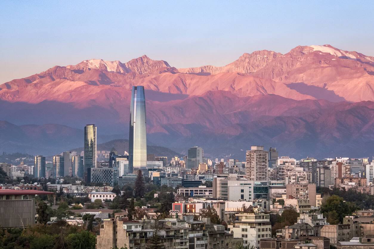 A panoramic view of Santiago, Chile at sunset
