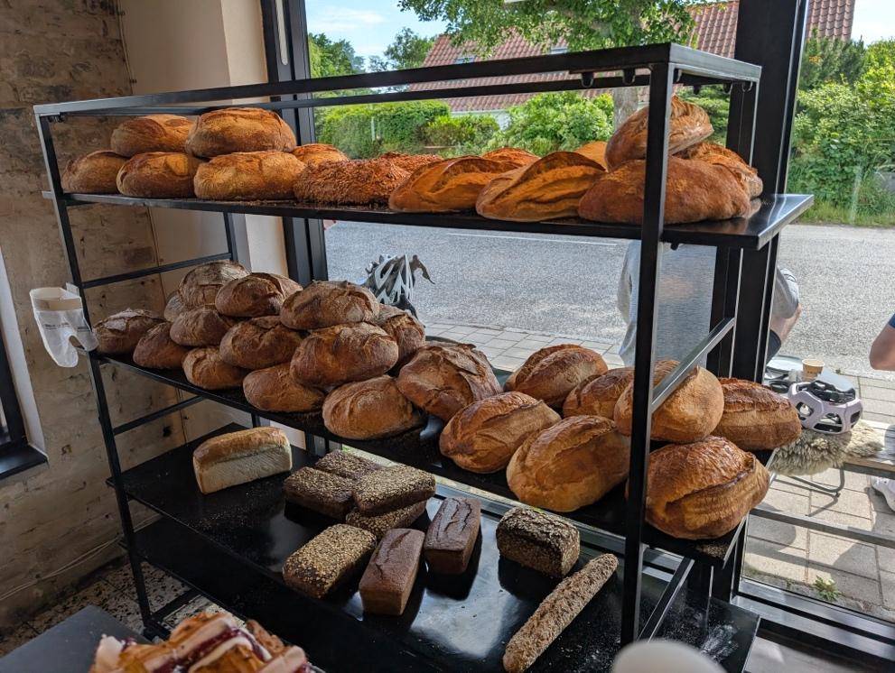 A bakery showcase filled with delicious breads and pastries