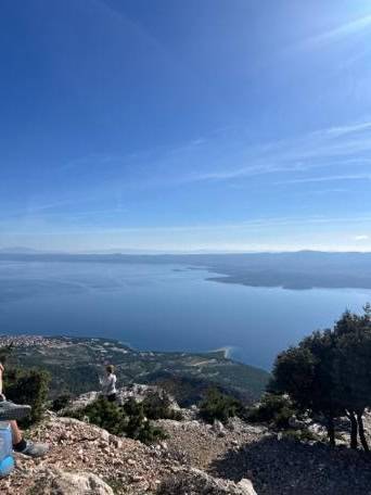 Individuals relax atop a mountain